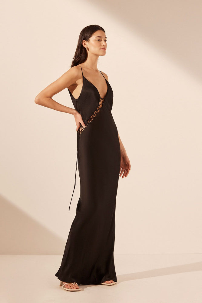 Shona Joy - Mia Contrast Lace Up Maxi Dress in Black