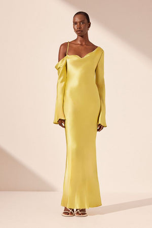 Shona Joy - Sofia Asymmetrical Long Sleeve Maxi Dress in Lime