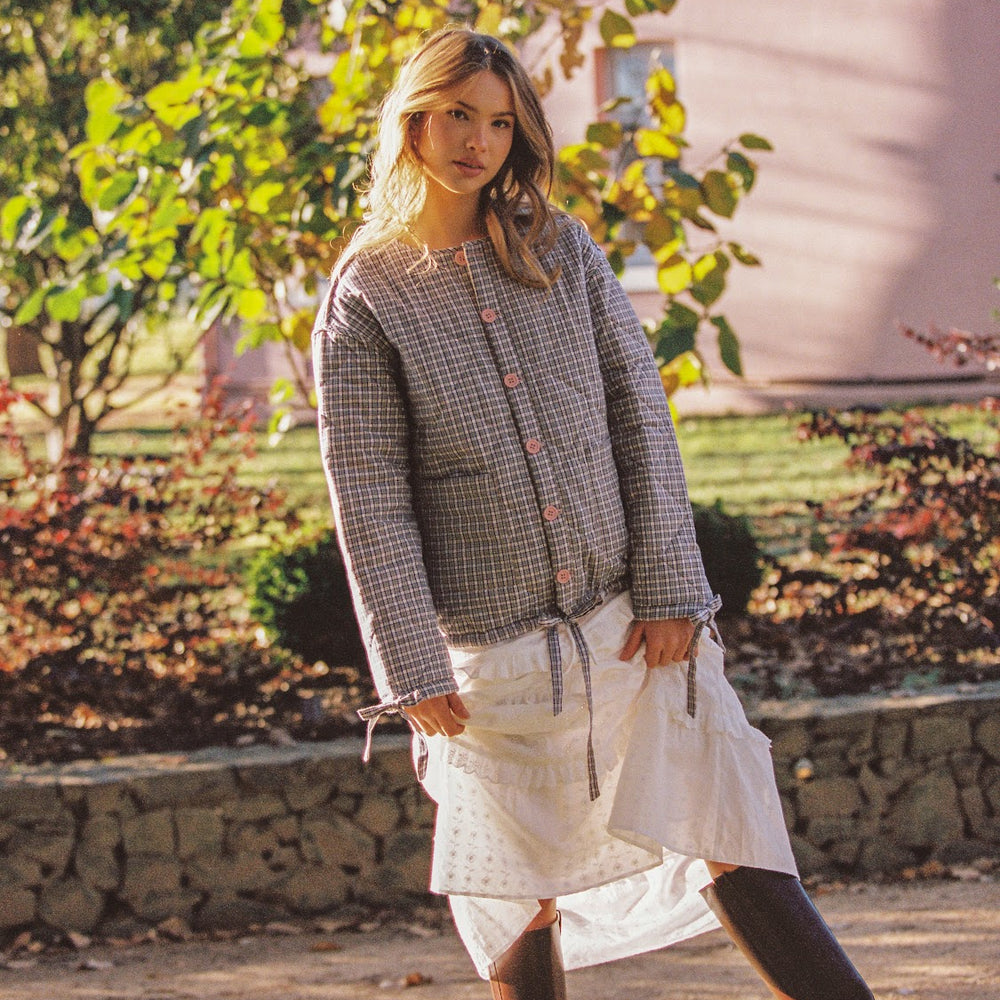 JUNI - Chloe Quilted Jacket in Rosebud/ Check