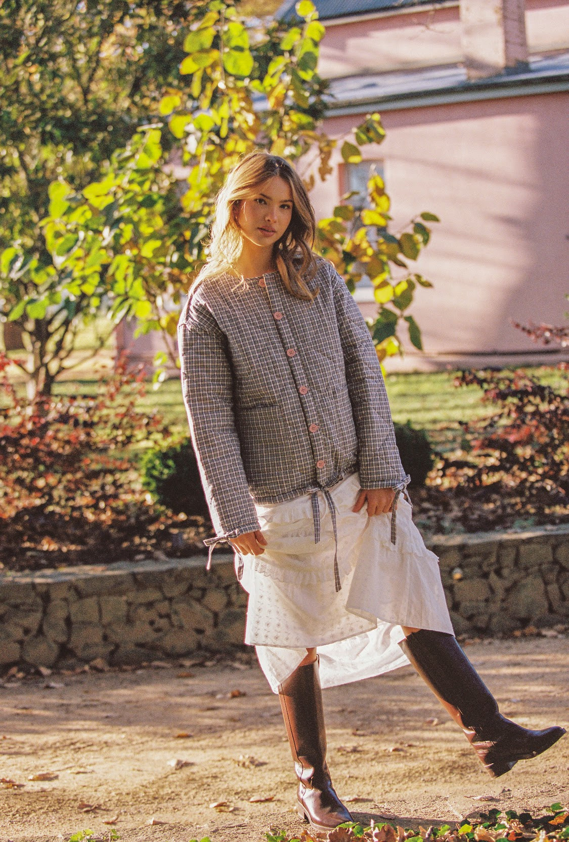 JUNI - Chloe Quilted Jacket in Rosebud/ Check