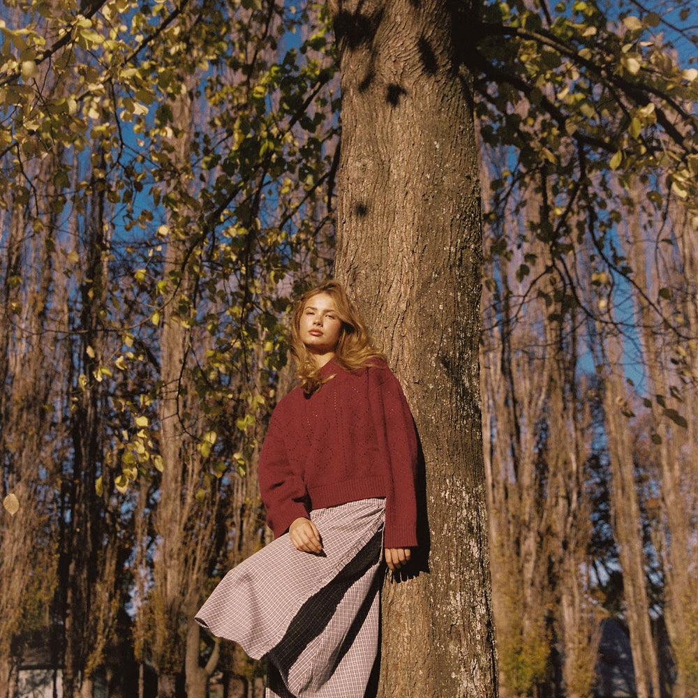 JUNI - Heart Pointelle Sweater in Burgundy