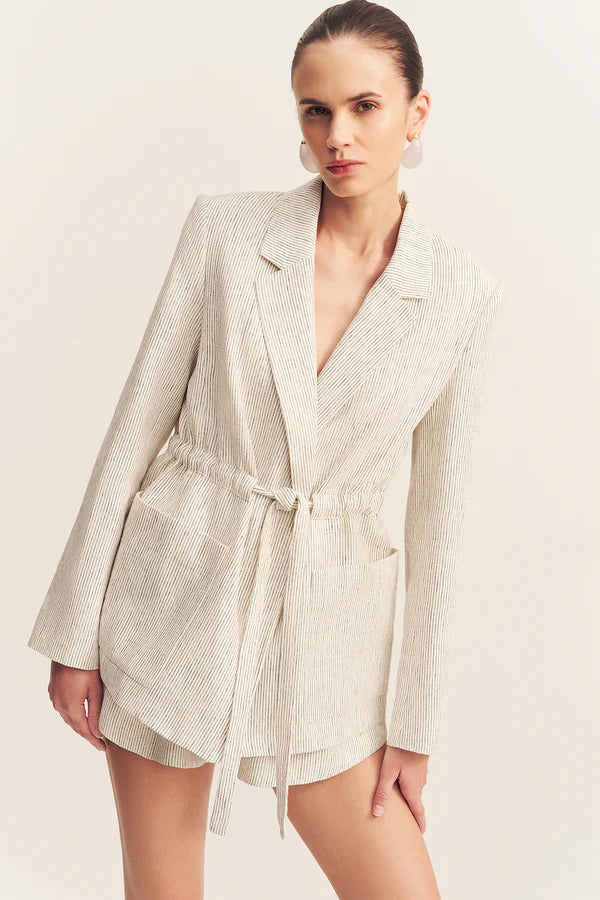 Shona Joy - Alto Oversized Belted Blazer in White Pinstripe