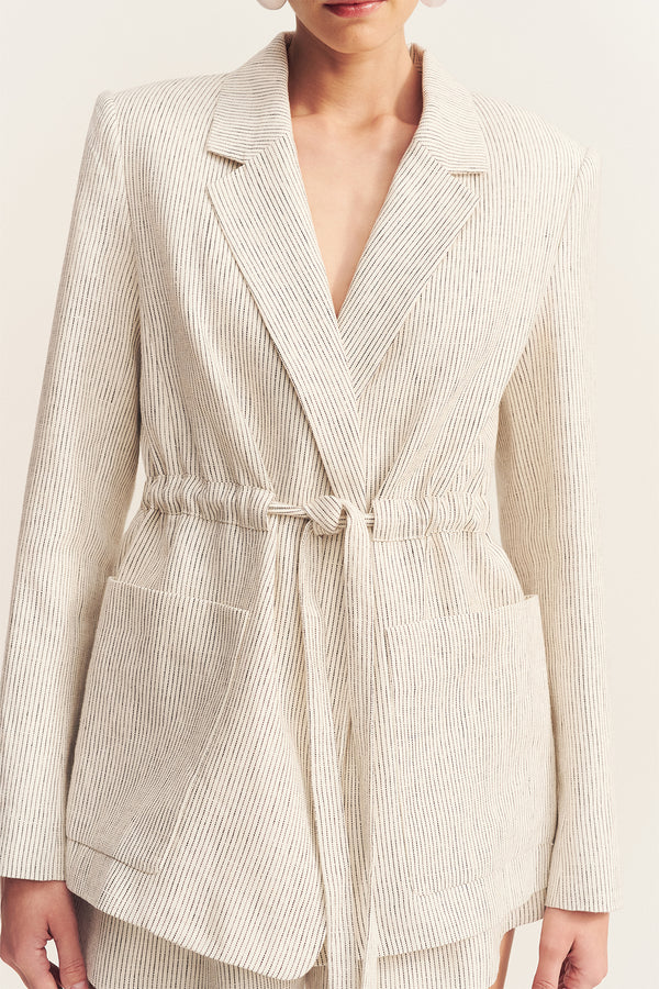 Shona Joy - Alto Oversized Belted Blazer in White Pinstripe