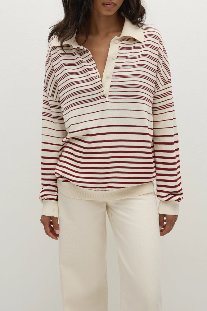 Faithfull The Brand - Harlow Oversized Polo Scandi Stripe Red Cream