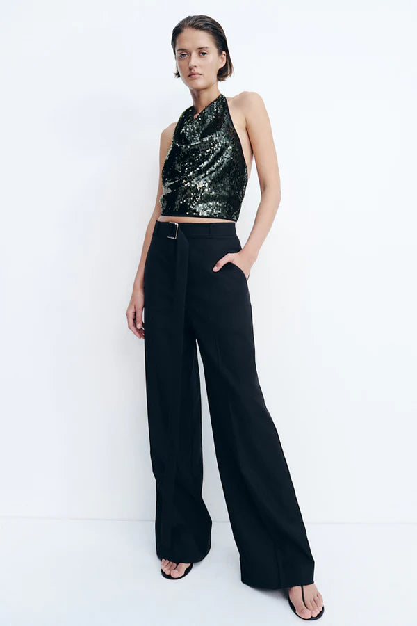 Shona Joy - Castro Wide Leg Belted Pant in Black