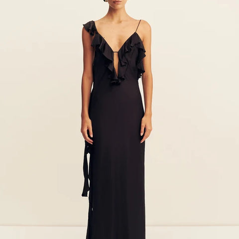 Shona Joy - Agnes Ruffle Slip Bias Maxi Dress in Black