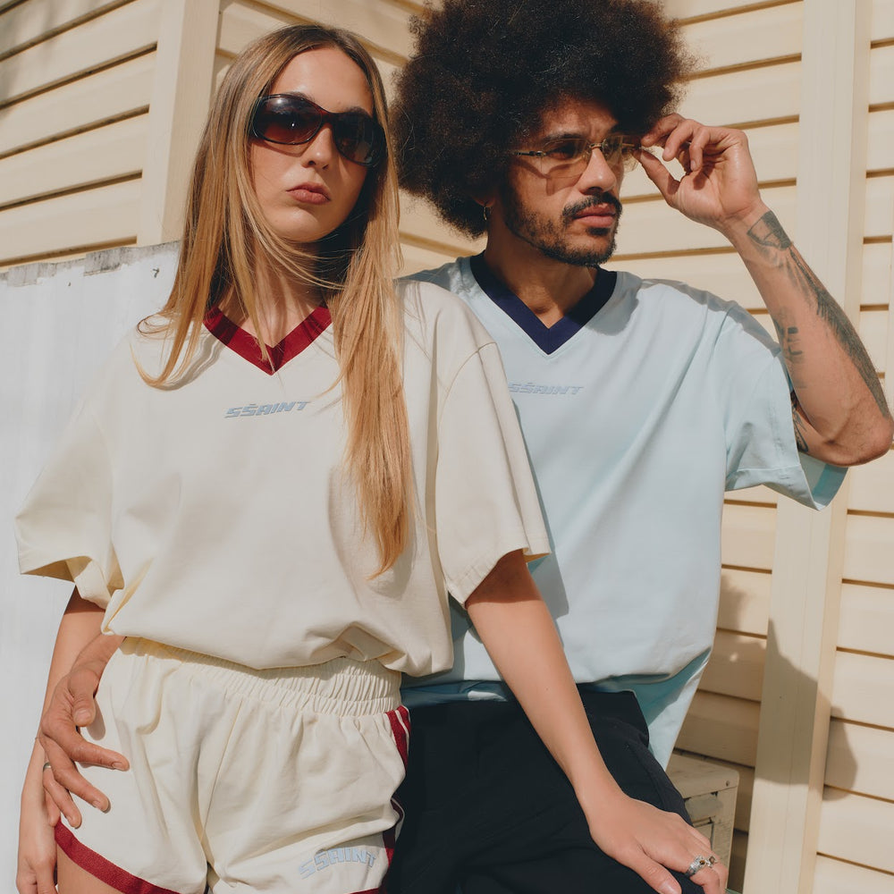 PREORDER SSAINT - Reflective V Neck Tee in Butter