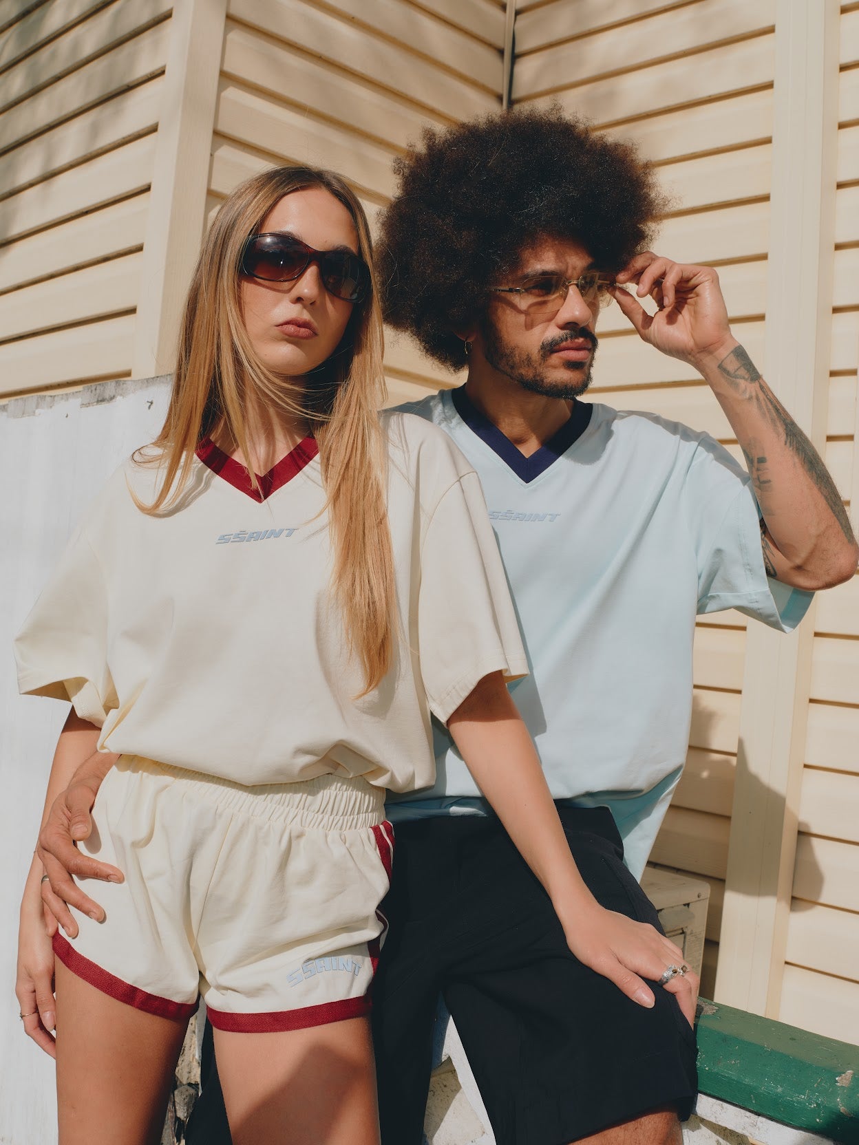 PREORDER SSAINT - Reflective V Neck Tee in Butter