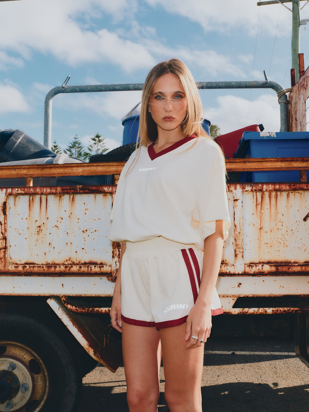 PREORDER SSAINT - Reflective V Neck Tee in Butter