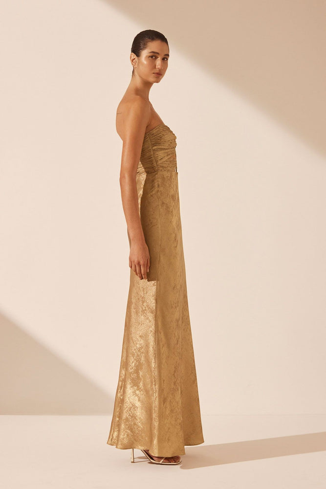 Shona Joy - Royale Strapless Lace Up Maxi Dress in Gold