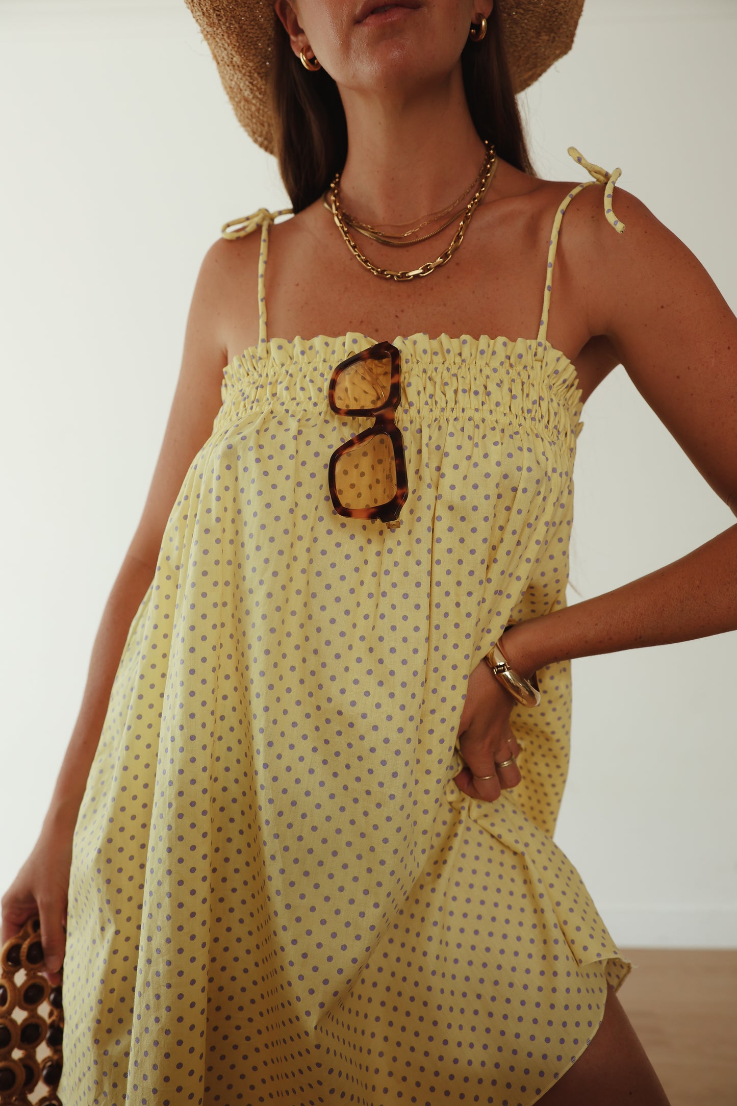 häll störe - Dotty Dress in Butter Yellow + Lilac