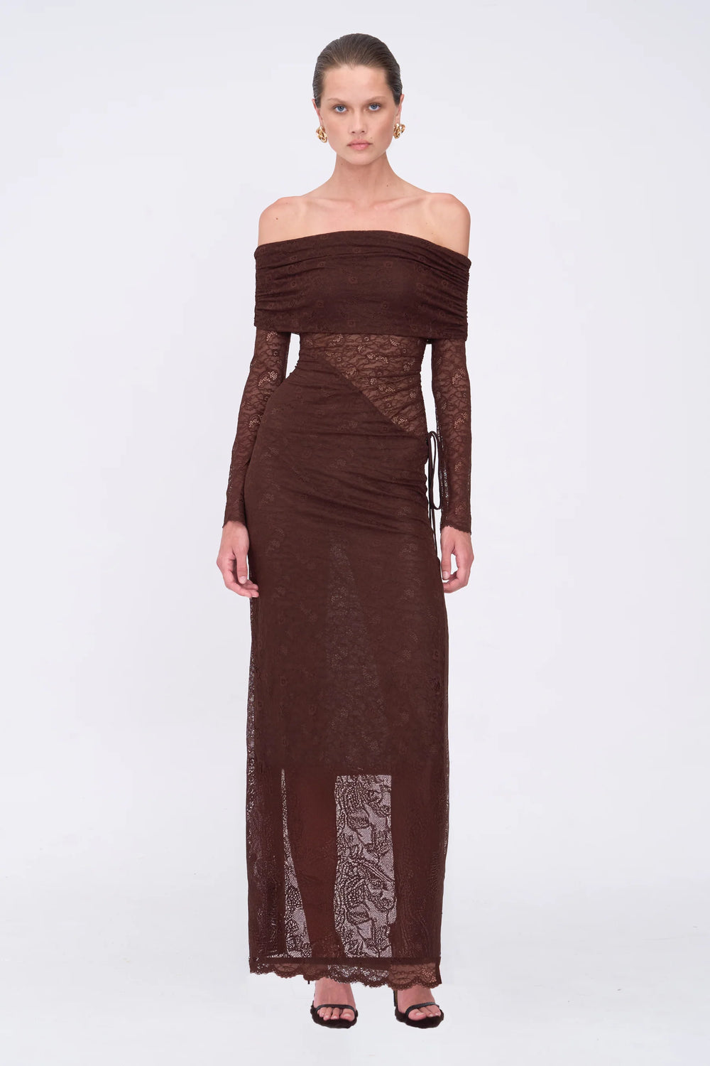 Suboo - Paris Off Shoulder Ruched Side Maxi Dress in Espresso