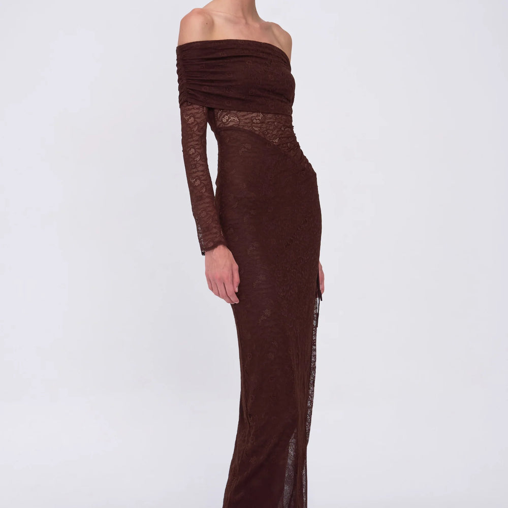 
                      
                        Suboo - Paris Off Shoulder Ruched Side Maxi Dress in Espresso
                      
                    