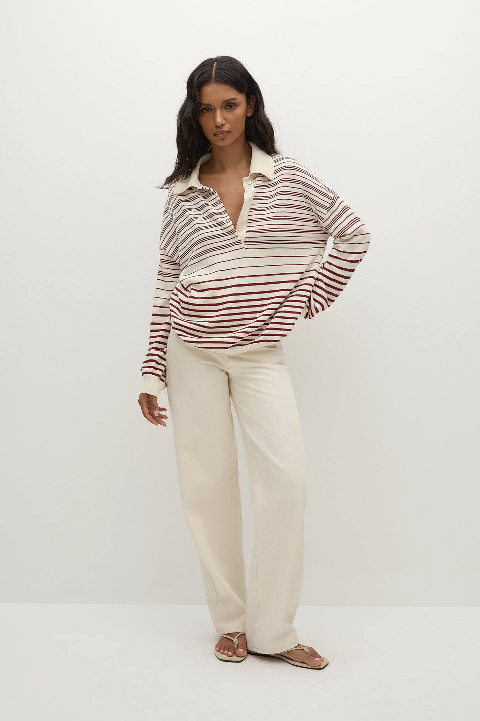 Faithfull The Brand - Harlow Oversized Polo Scandi Stripe Red Cream