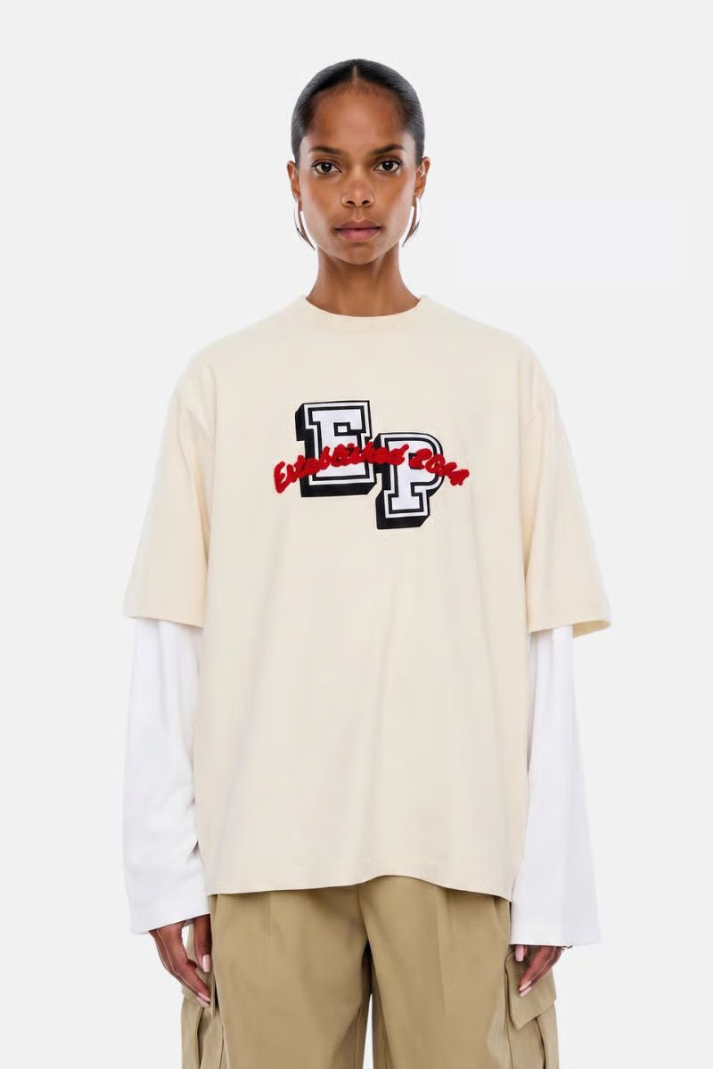 Ena Pelly - Pelly Collegiate Long Sleeve Layer Tee in Ecru/ Vintage White