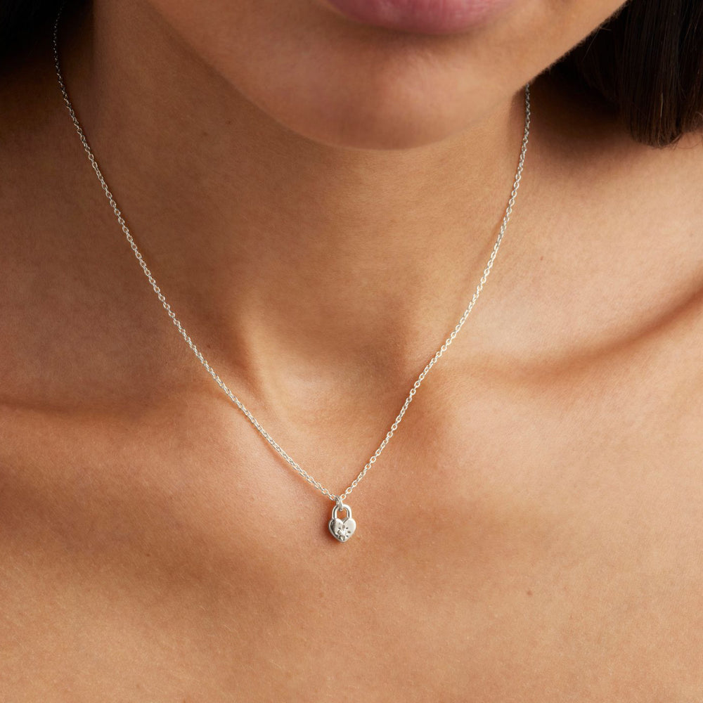 By Charlotte - Crystal Lotus Heart Padlock Necklace in Silver