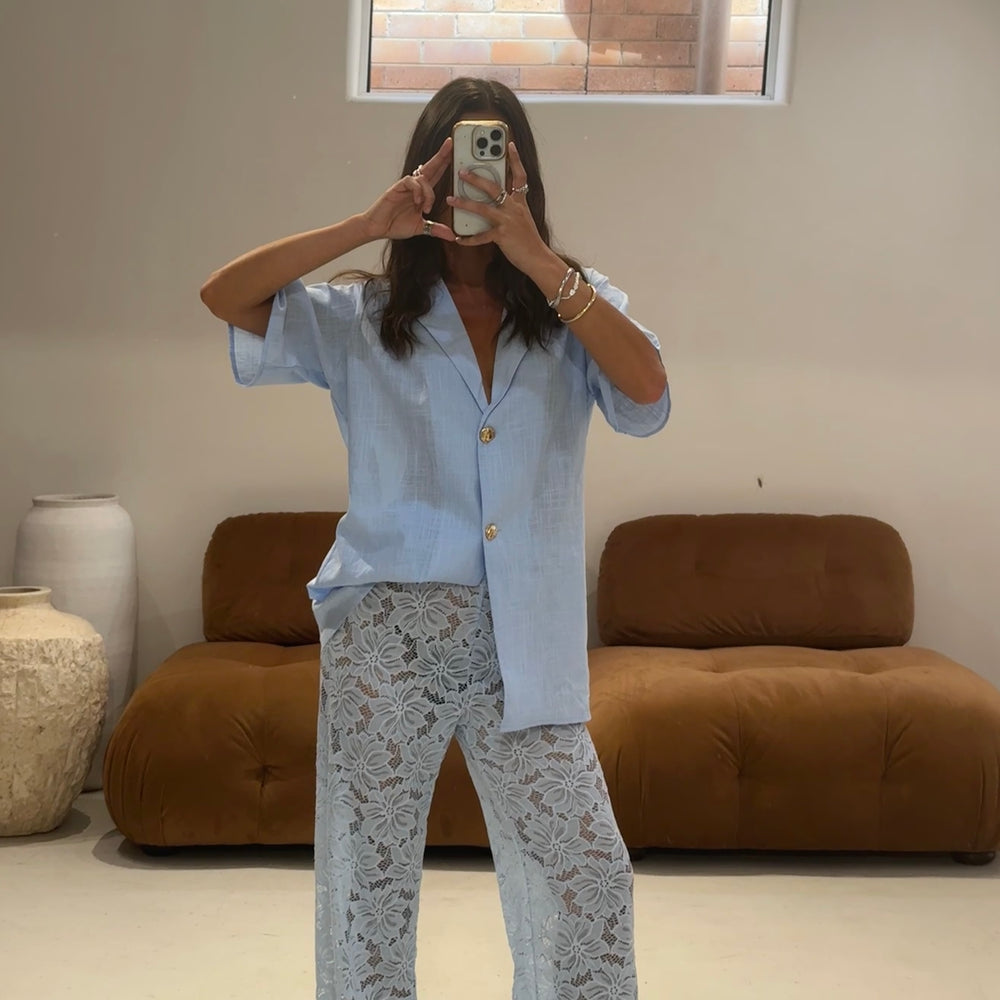 By Frankie -  Lace & Linen Look Set in Powder Blue
