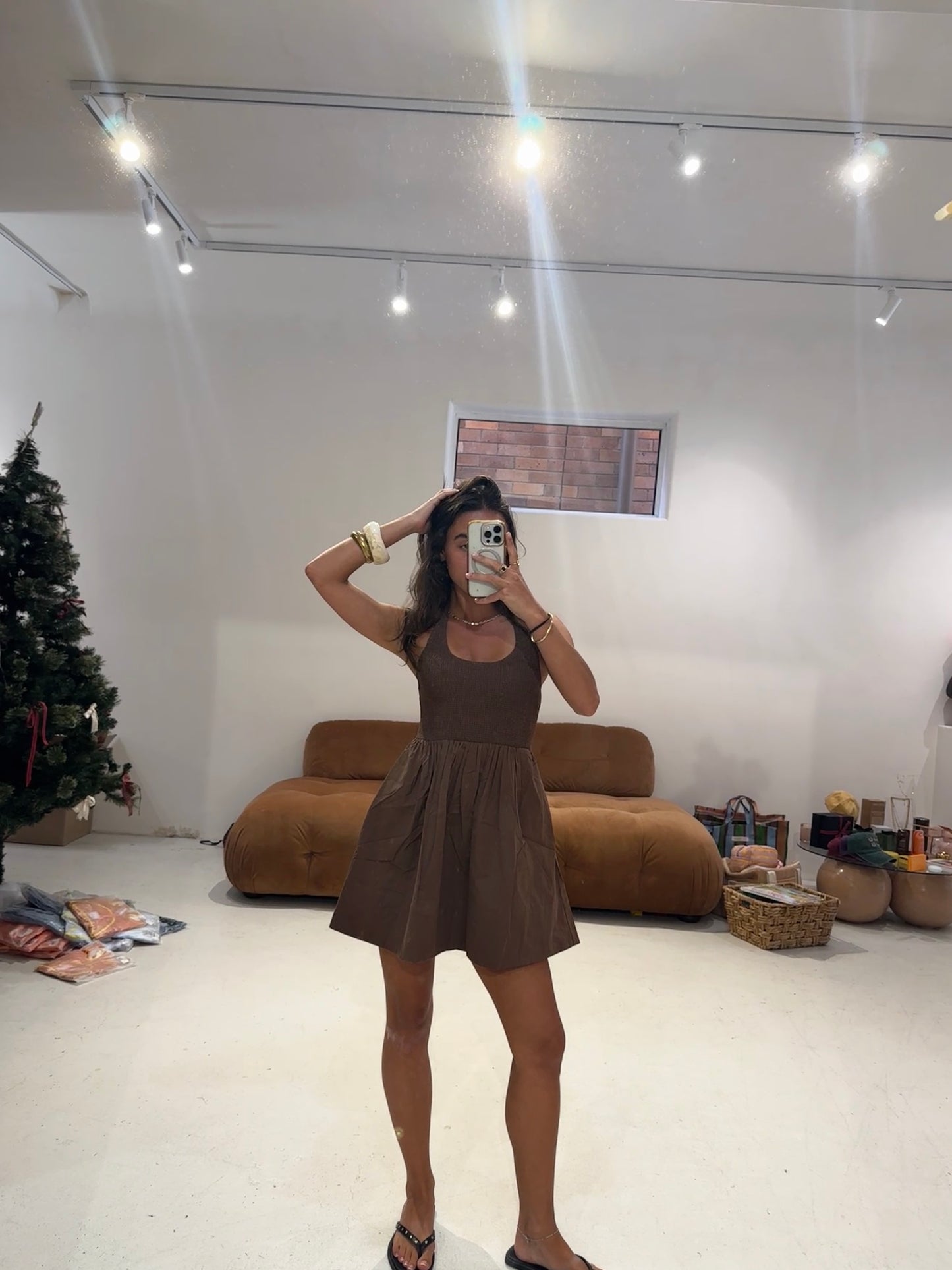 Emte - Halter Shirred Dress in Chocolate