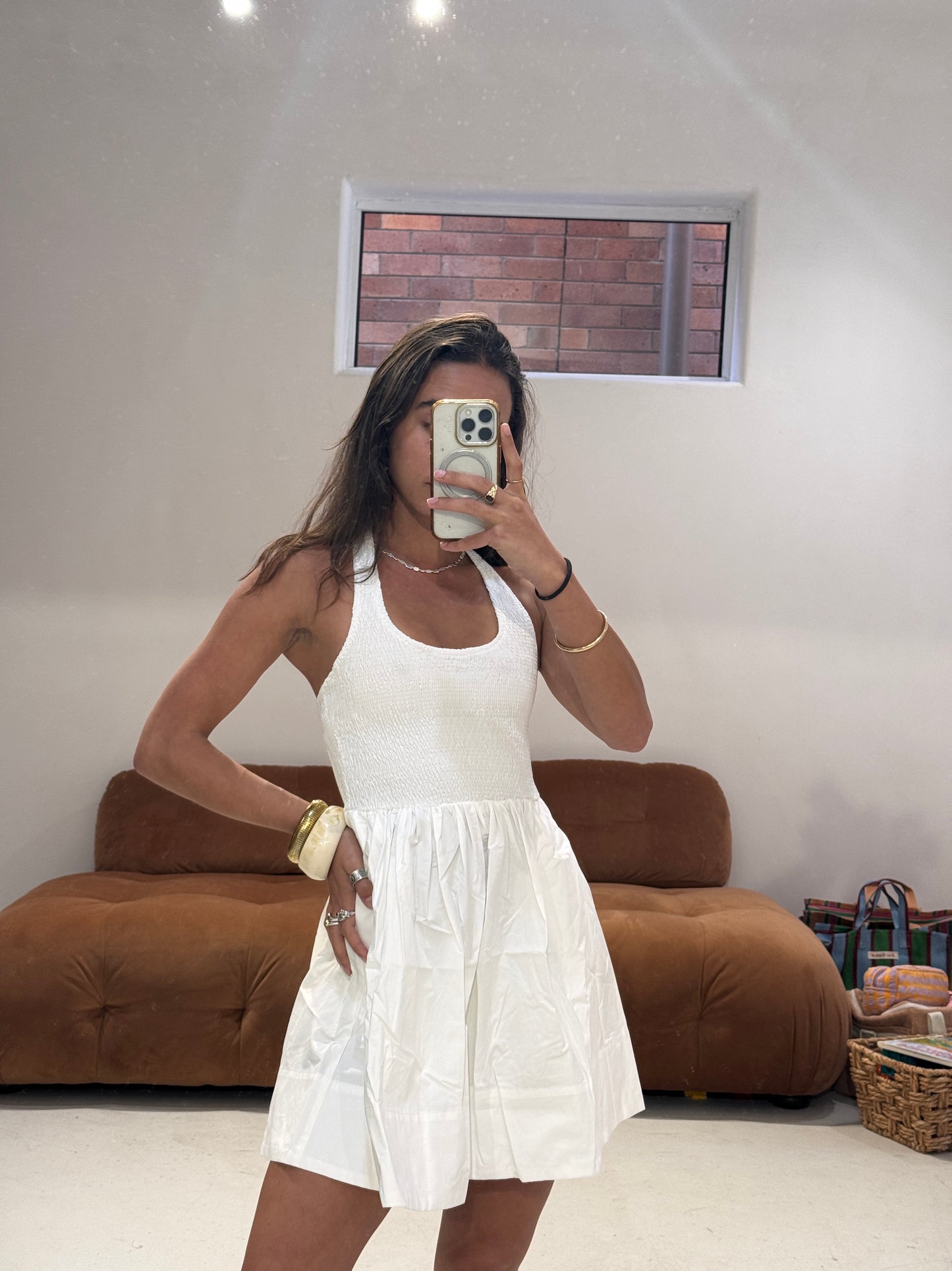 Emte - Halter Shirred Dress in White