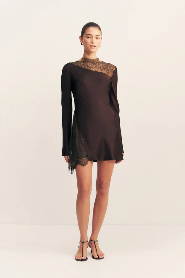 Shona Joy - Allegra Lace Panelled Mini Dress in Espresso