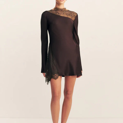 Shona Joy - Allegra Lace Panelled Mini Dress in Espresso