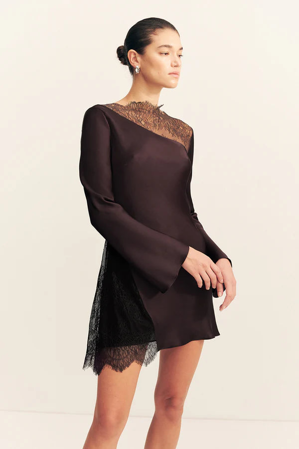 Shona Joy - Allegra Lace Panelled Mini Dress in Espresso