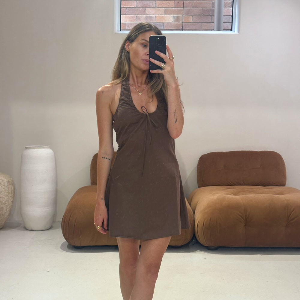 Emte - Poplin Halter Dress in Chocolate