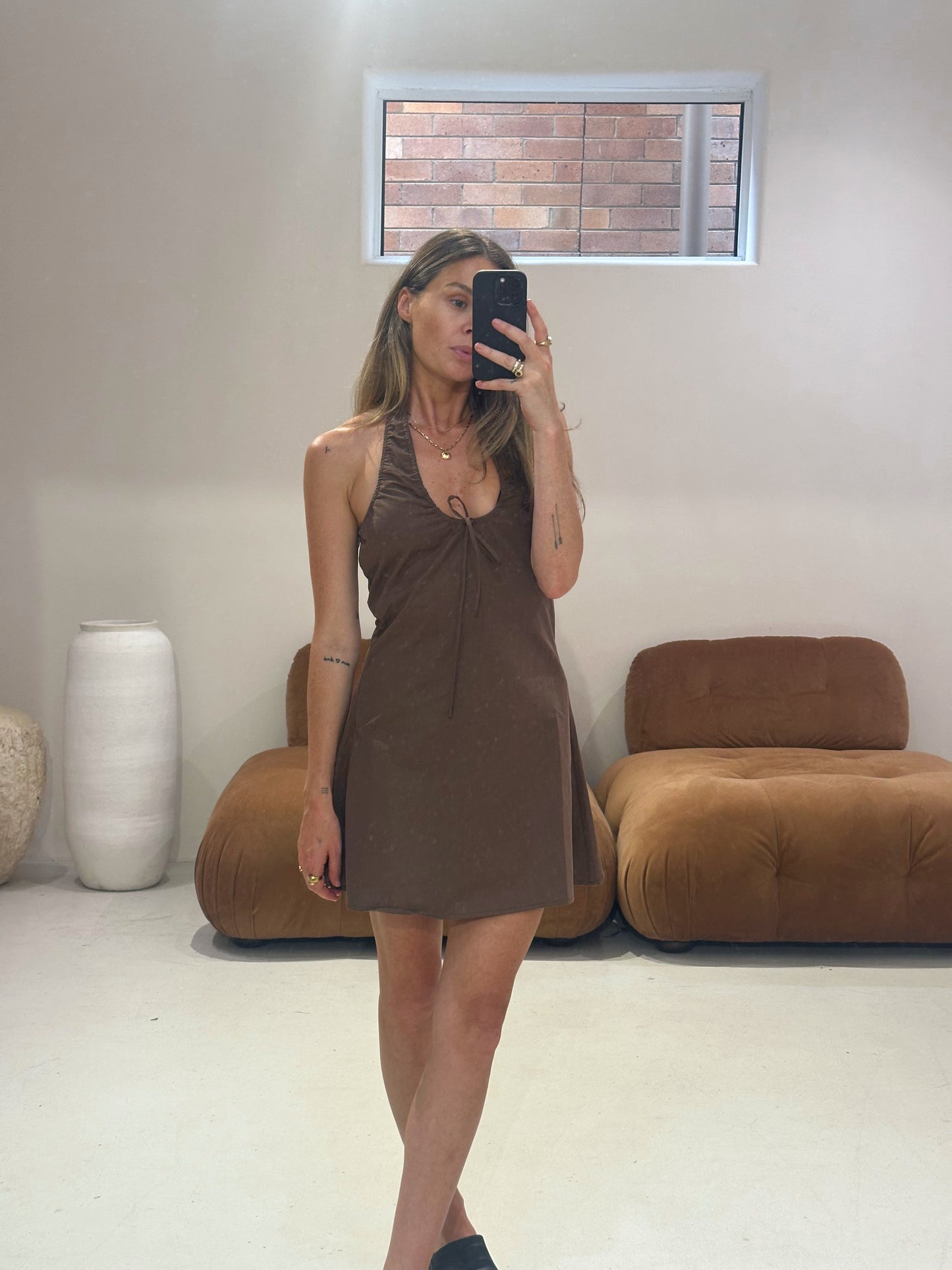 Emte - Poplin Halter Dress in Chocolate