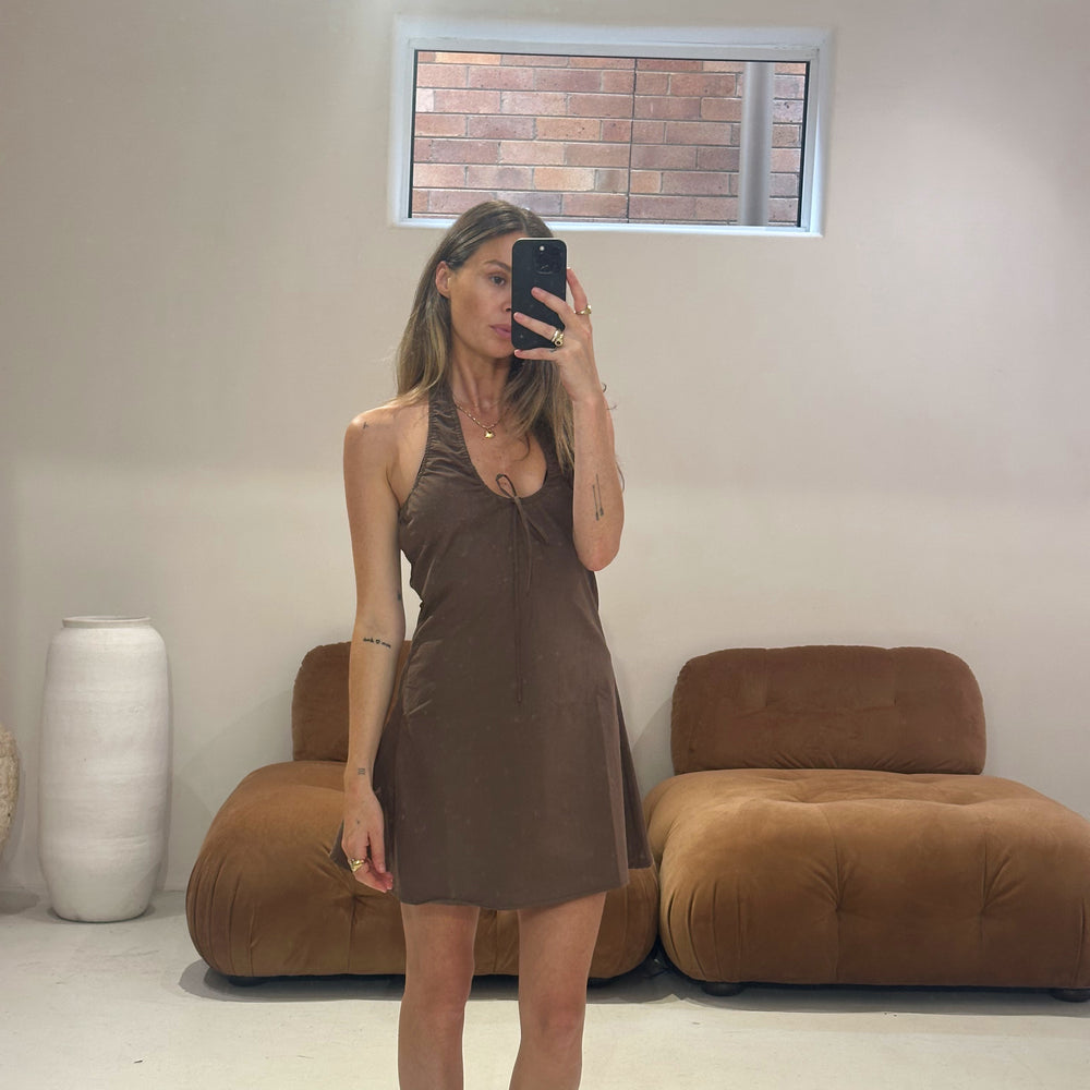 Emte - Poplin Halter Dress in Chocolate