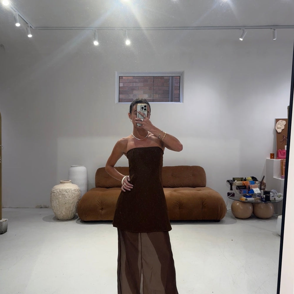 
                      
                        By Frankie - Strapless Bustier Sheer Skirt Set in Chocolate
                      
                    