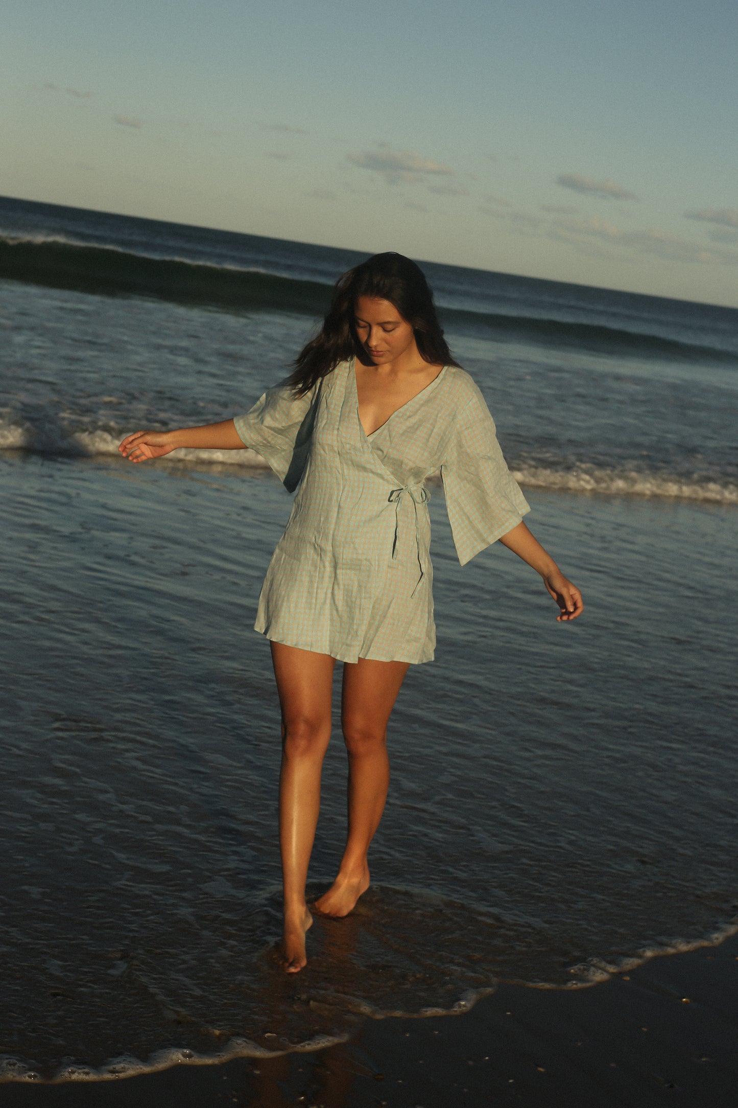 Bare Road - Mia Wrap Mini Dress in Blue Beige Gigham