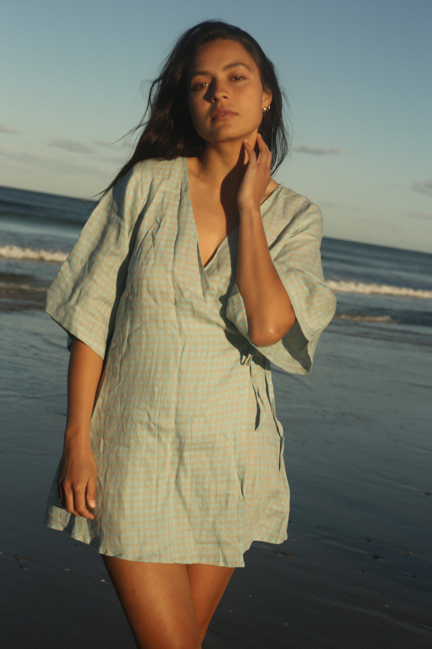 Bare Road - Mia Wrap Mini Dress in Blue Beige Gigham
