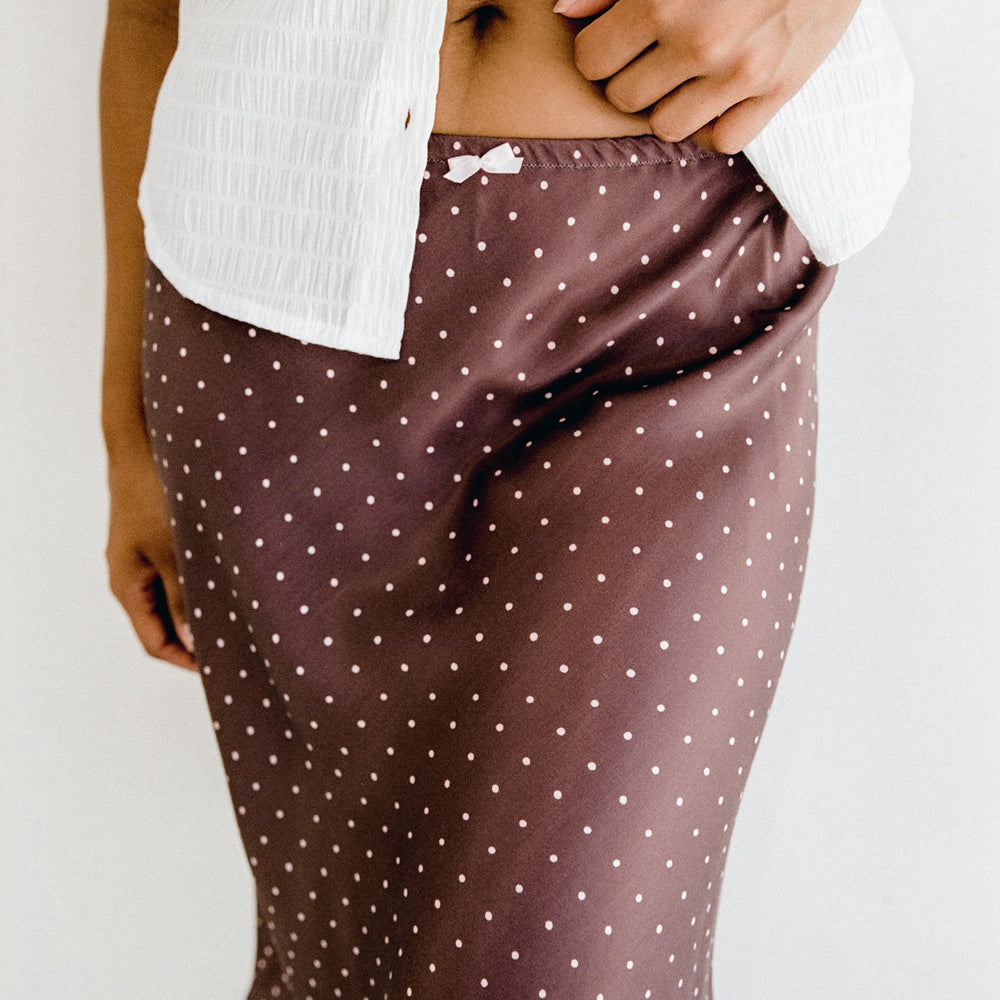 
                      
                        JUNI - Mabel Bias Midi Skirt in Cocoa Polka
                      
                    