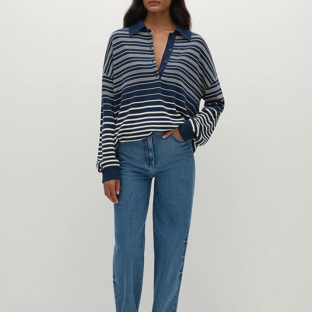 Faithfull The Brand - Harlow Oversized Polo Scandi Stripe Navy Cream