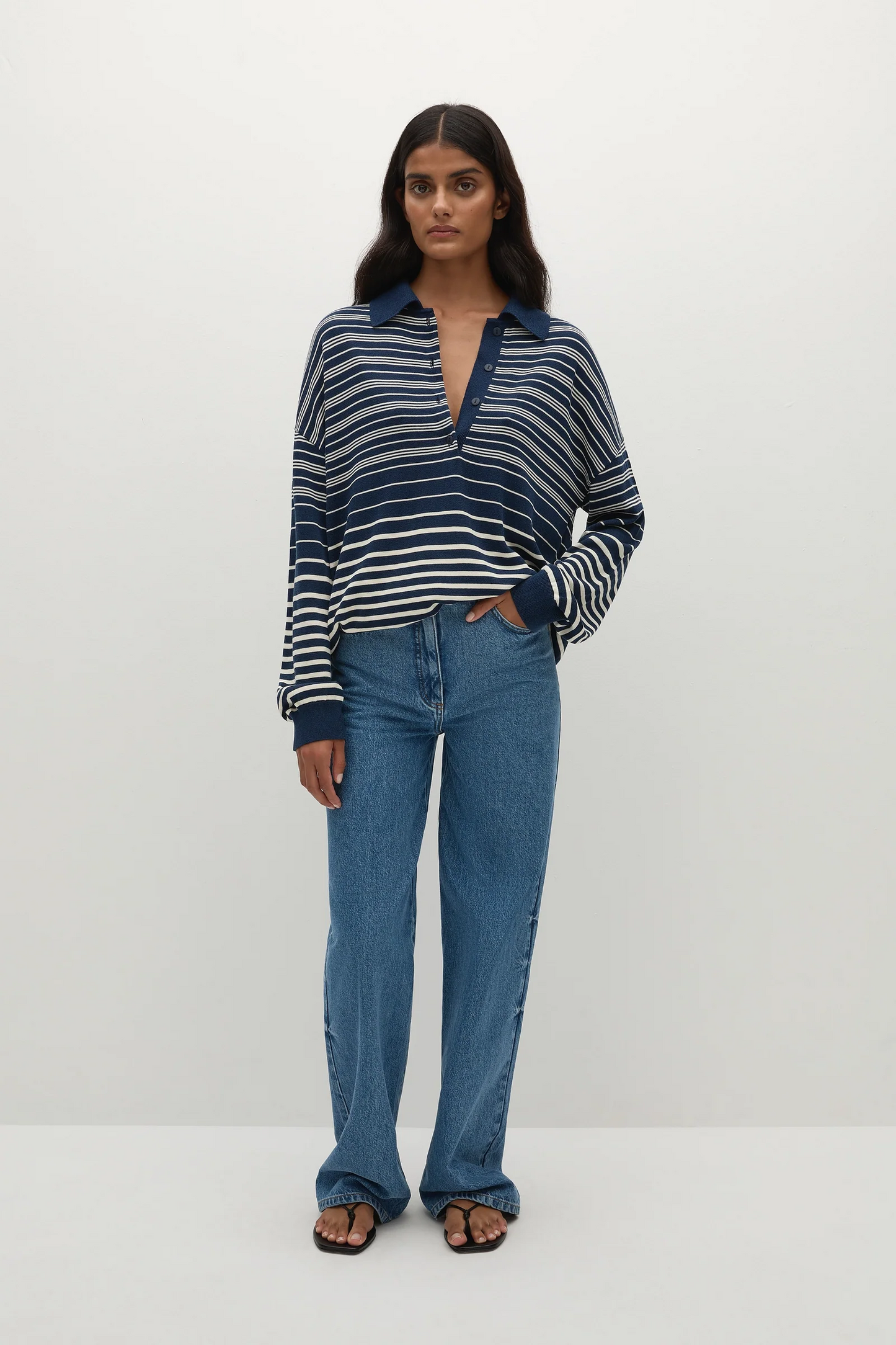 Faithfull The Brand - Harlow Oversized Polo Scandi Stripe Navy Cream