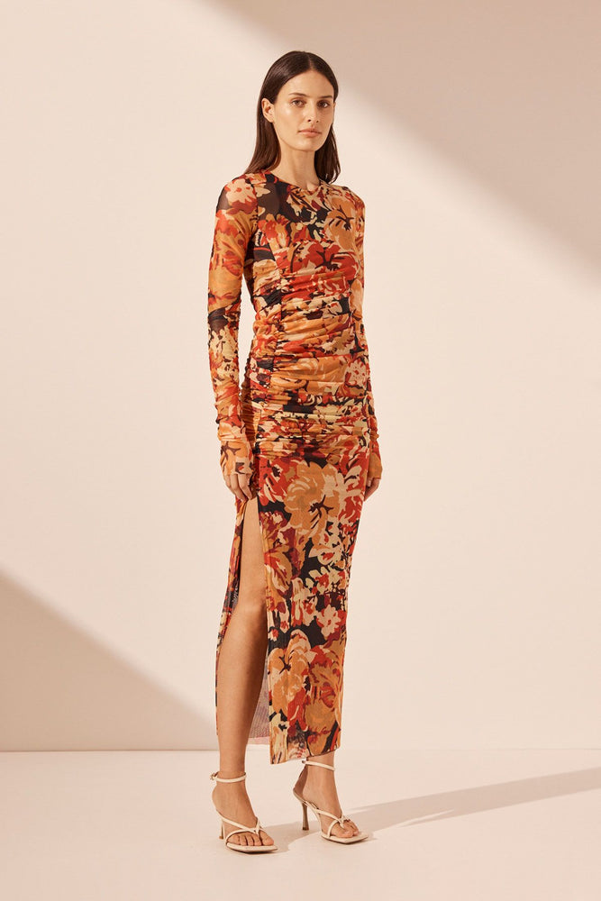 Shona Joy - Rubi Long Sleeve Gathered Midi Dress in Tangerine