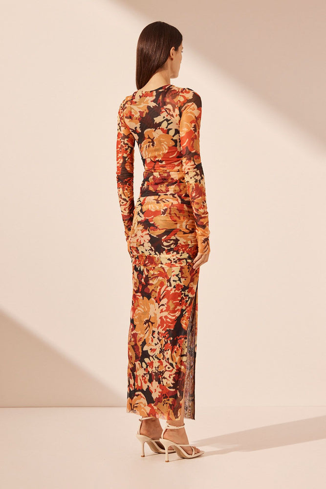 Shona Joy - Rubi Long Sleeve Gathered Midi Dress in Tangerine