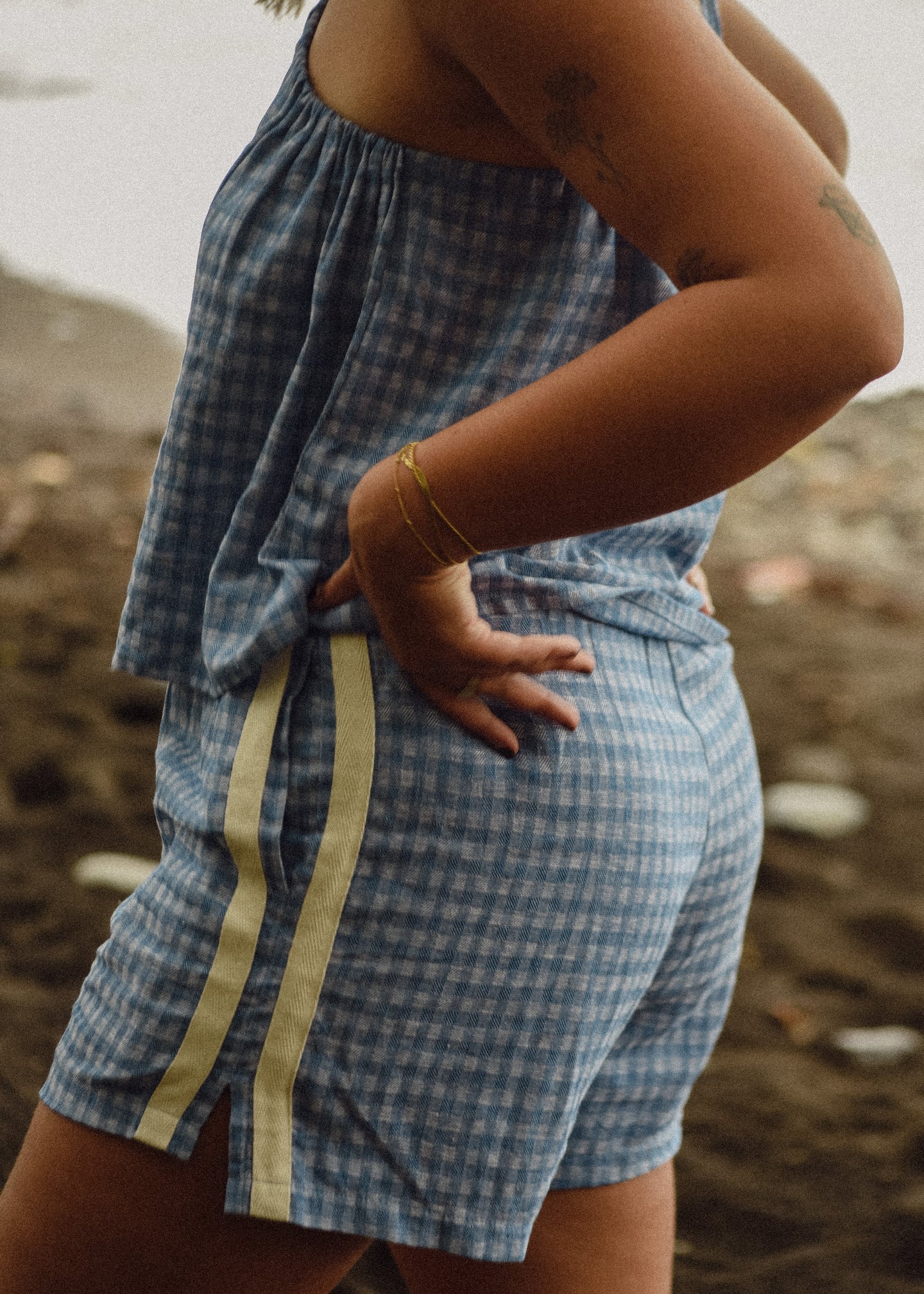 Atmosea - One Shoulder Tie Top in Blue Gingham