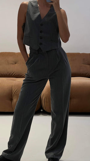 Elle Pinstripe Trousers in Grey / White