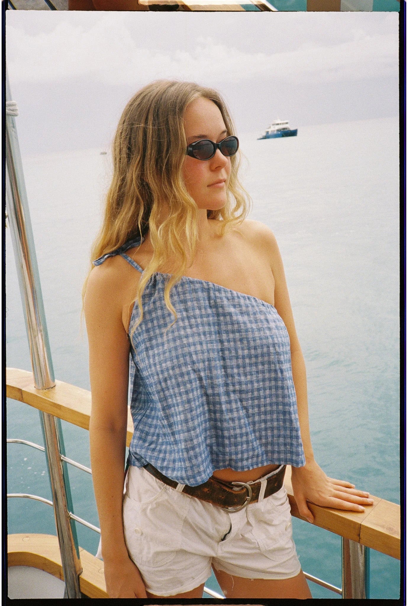 Atmosea - One Shoulder Tie Top in Blue Gingham