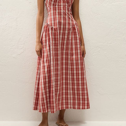 Faithfull The Brand - Del Ros Midi Dress in Ines Check Terra Rosso