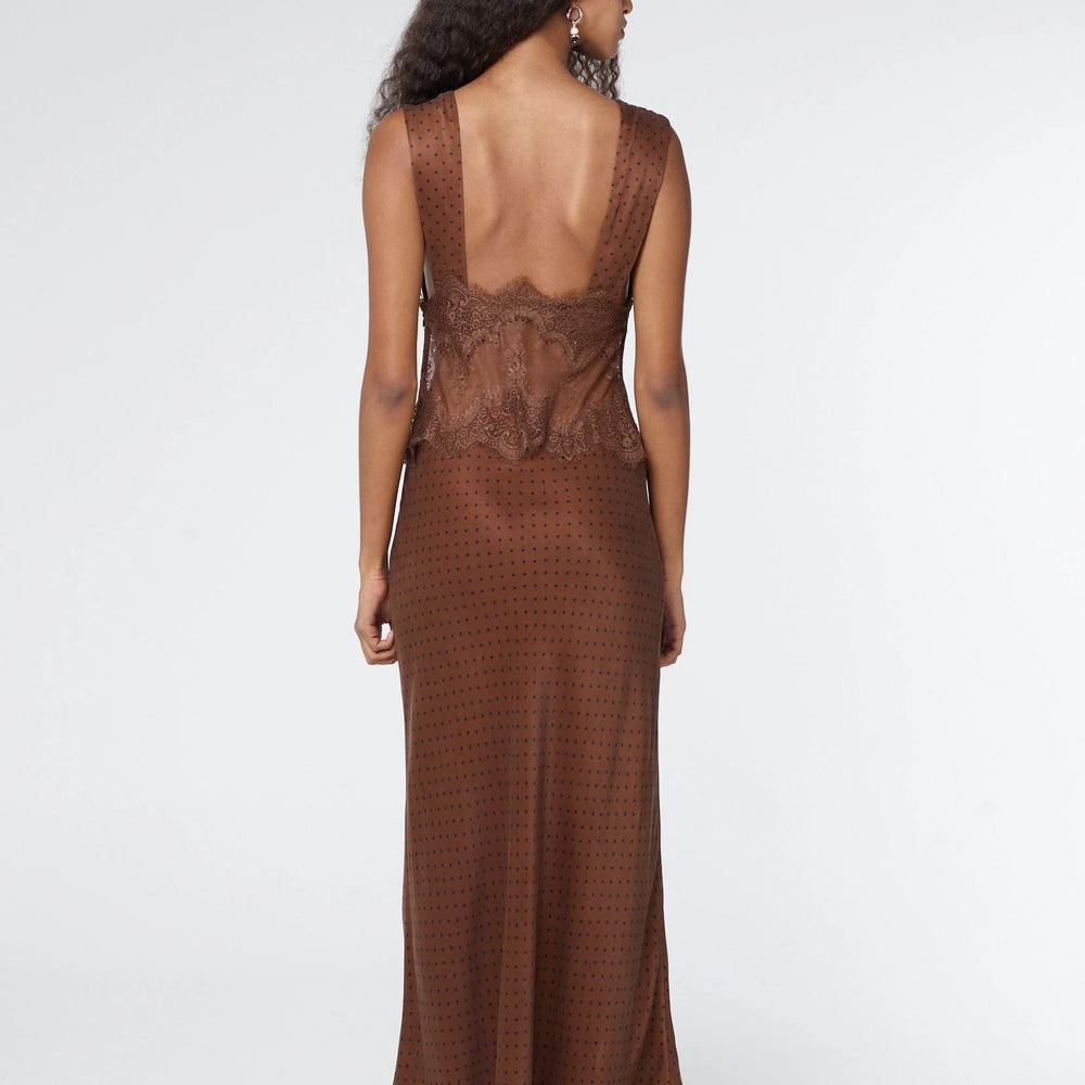 Third Form - Visions Lace Deep V Maxi Dress in Chocolate Polka Dot