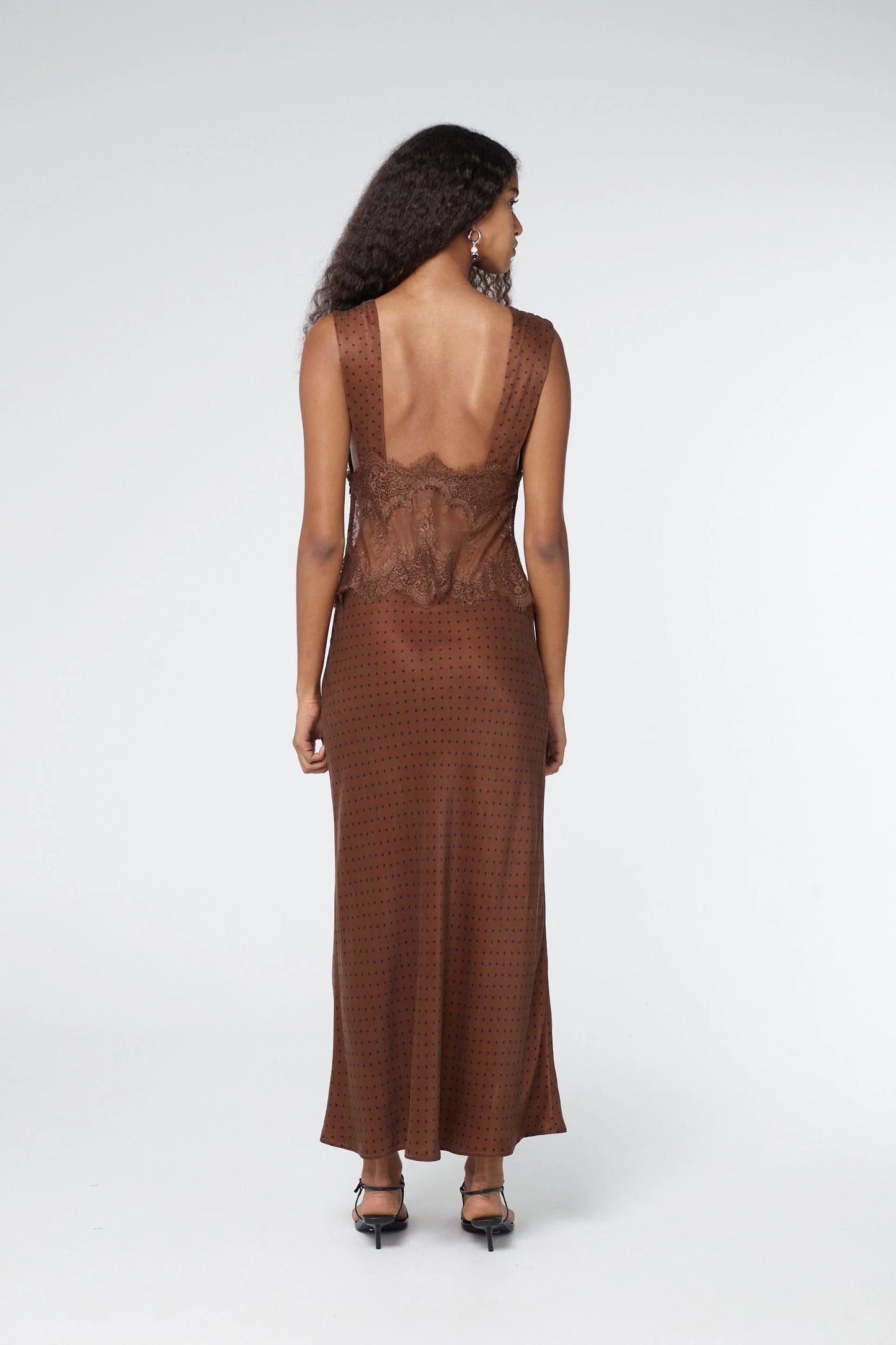 Third Form - Visions Lace Deep V Maxi Dress in Chocolate Polka Dot