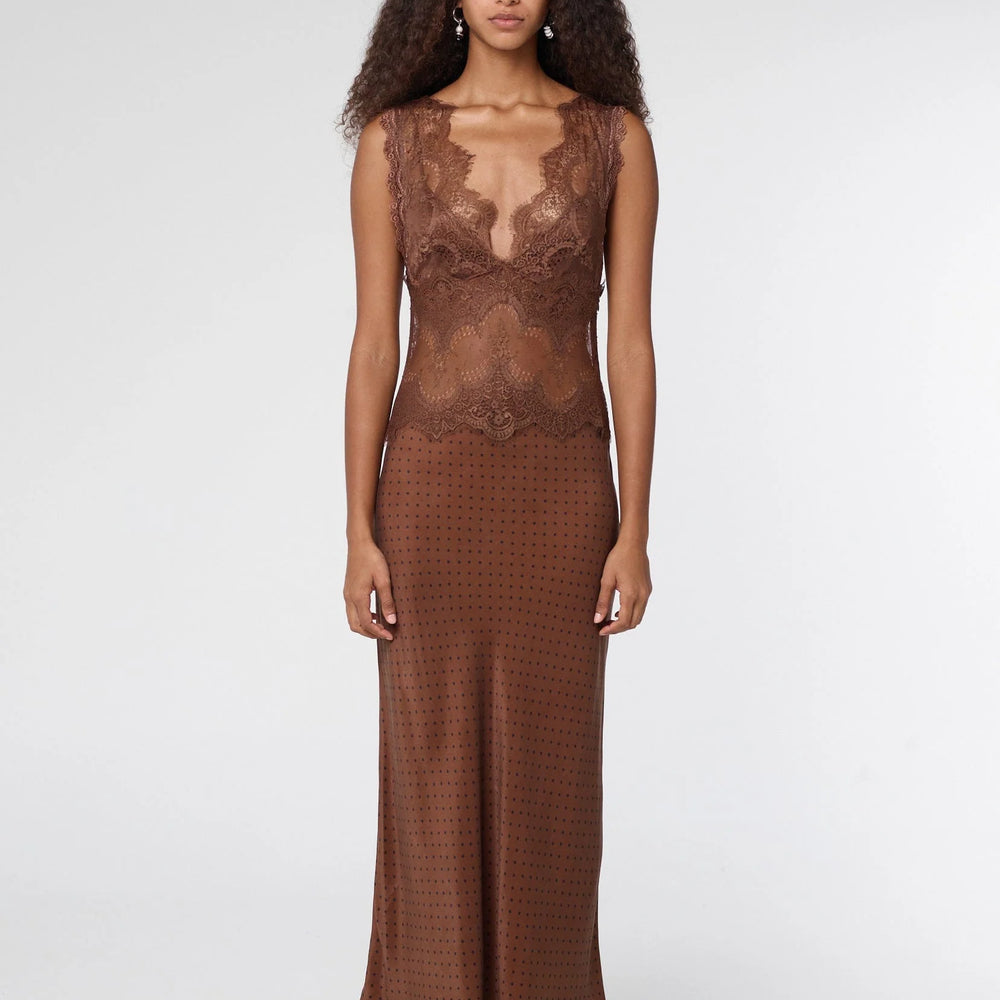 
                      
                        Third Form - Visions Lace Deep V Maxi Dress in Chocolate Polka Dot
                      
                    