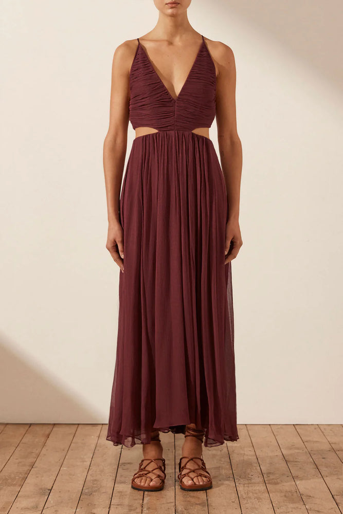 Shona Joy - Marquis Ruched Cut Out Midi Dress in Deep Wine