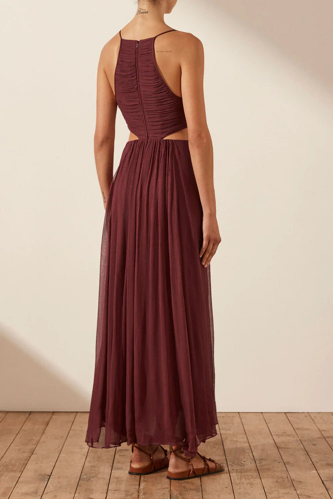Shona Joy - Marquis Ruched Cut Out Midi Dress in Deep Wine