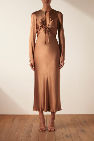 
            
                Load image into Gallery viewer, Shona Joy - Felicity Long Sleeve Cut Out Front Midi Dress in Almond
            
        